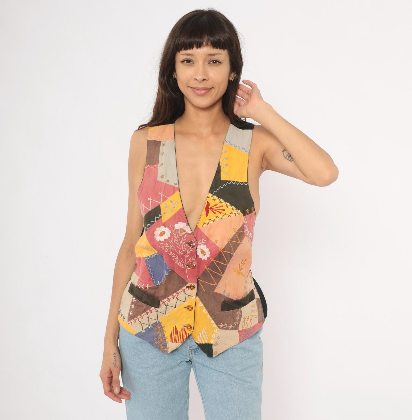 90s Exposed Clothing Patchwork Embroidered Vest Floral Crazy Quilt Small S
