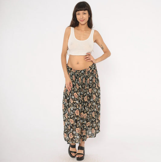 90s Sag Harbor Floral Maxi Skirt Black Peach Periwinkle Medium