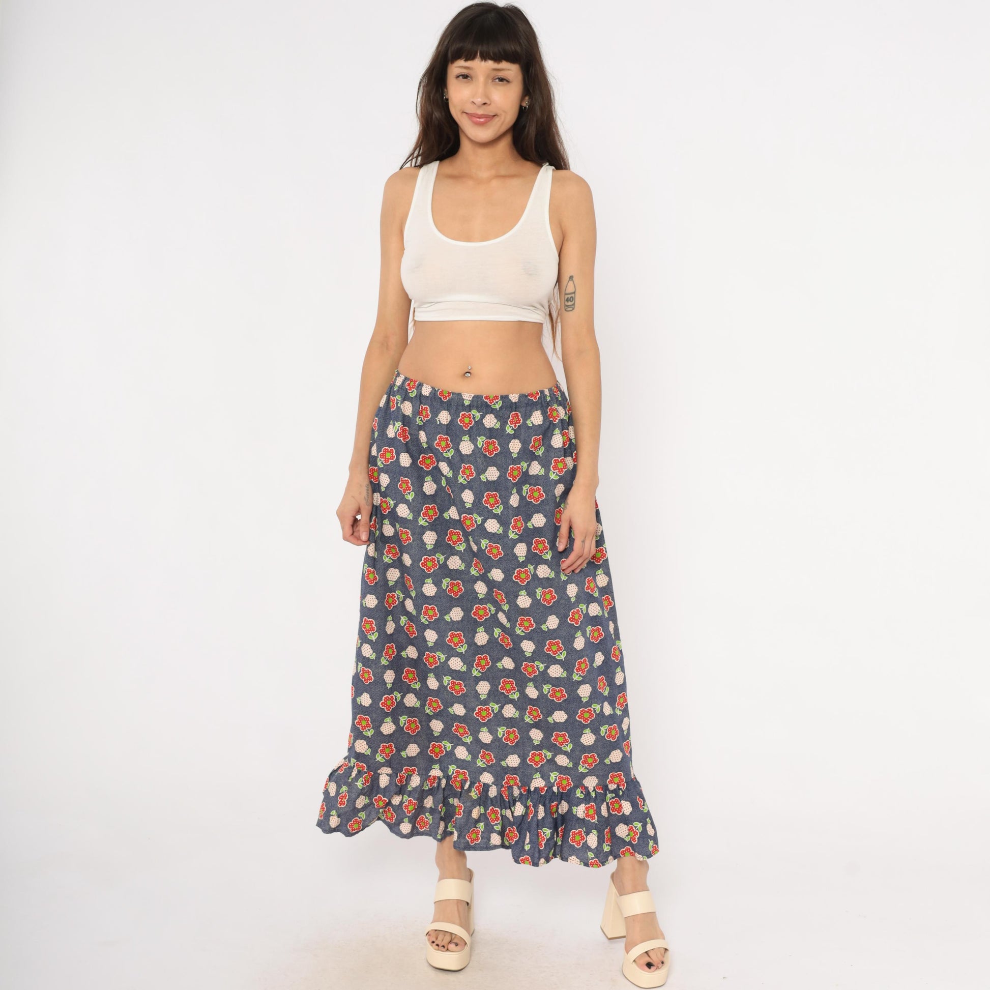 70s Navy Floral Maxi Skirt Strawberry Print Cotton Ruffle Hem Large L