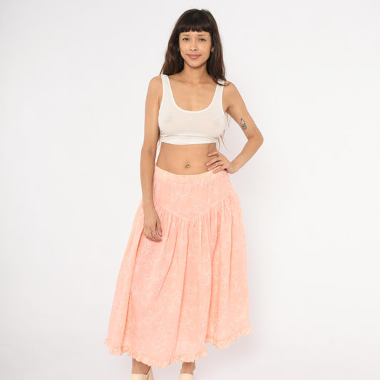 90s California Connection Peach Floral Midi Skirt Ruffled Hem Medium M