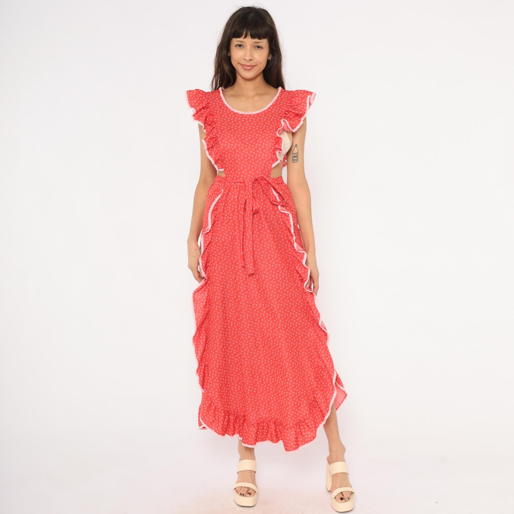 70s Gay Gibson Red Calico Maxi Dress Flutter Sleeve Lace Trim Small