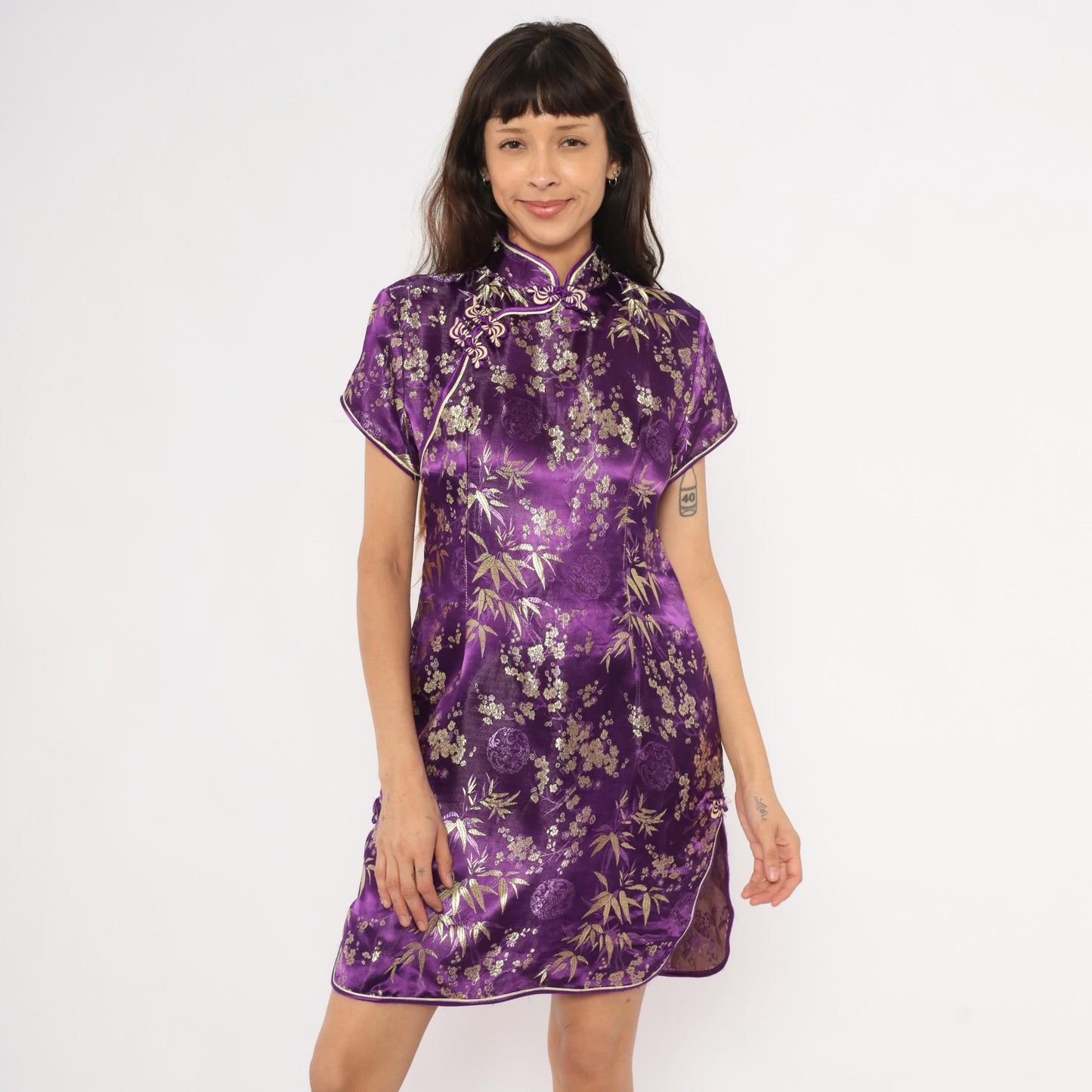 2000s Purple Gold Brocade Cheongsam Mandarin Collar Cap Sleeve Mini Small S