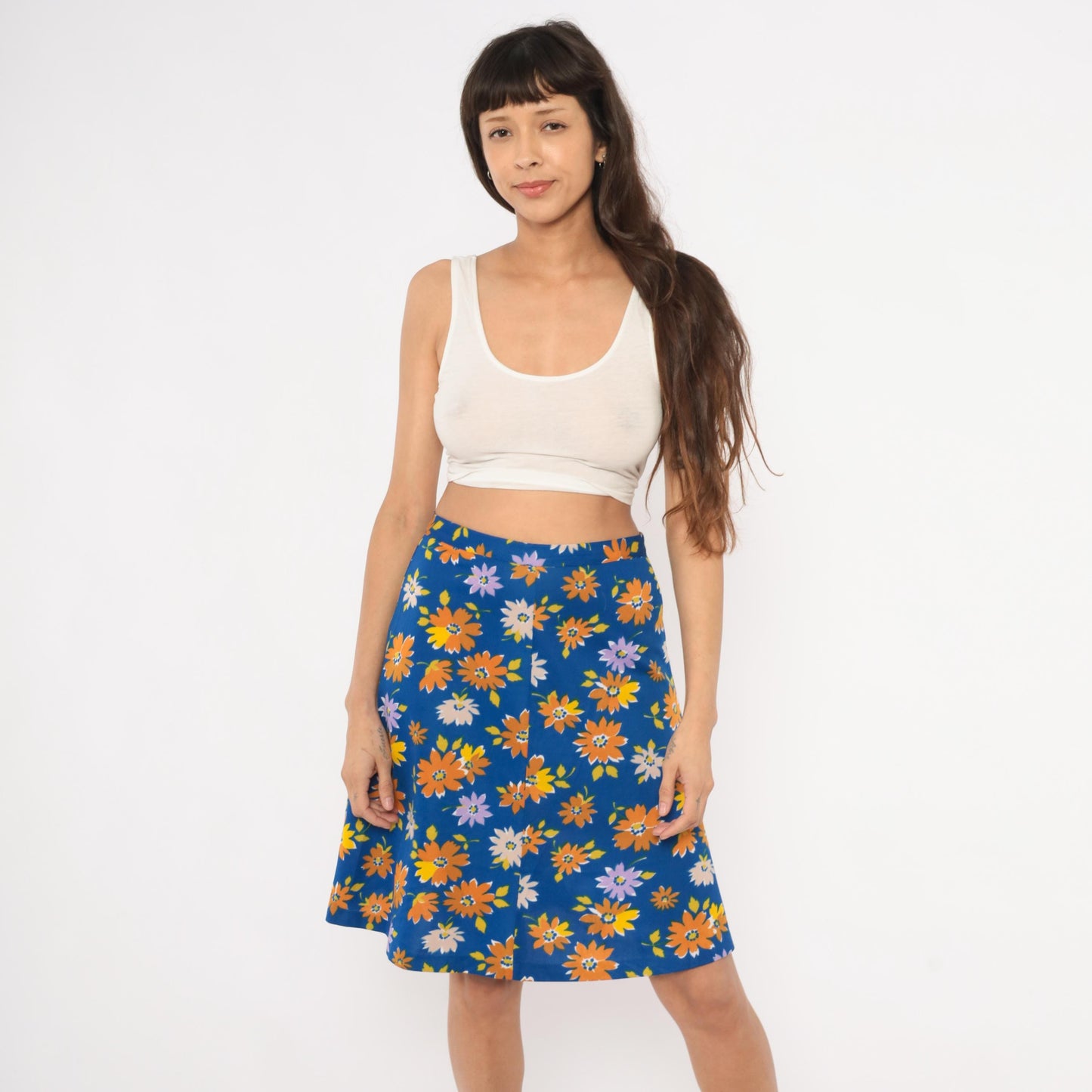 70s Cobalt Blue Daisy Print A-Line Mini Skirt Floral Small S