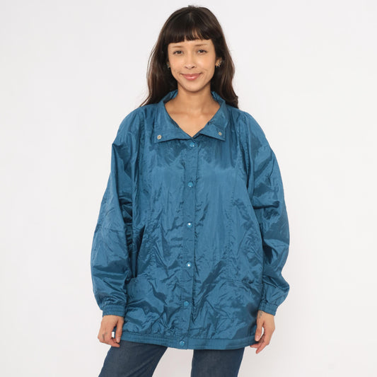 80s Tudor Court Windbreaker Jacket Steel Blue Nylon Coach Coat Large L