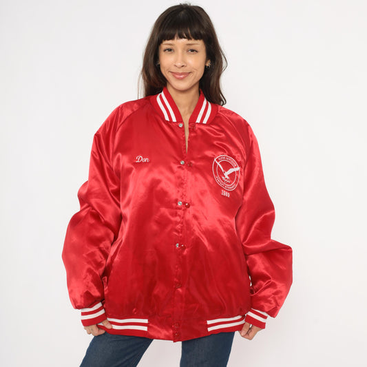 80s Red Satin Bomber Jacket Eagle Embroidered Snap Button Quilted Lining Plus Size 3XL