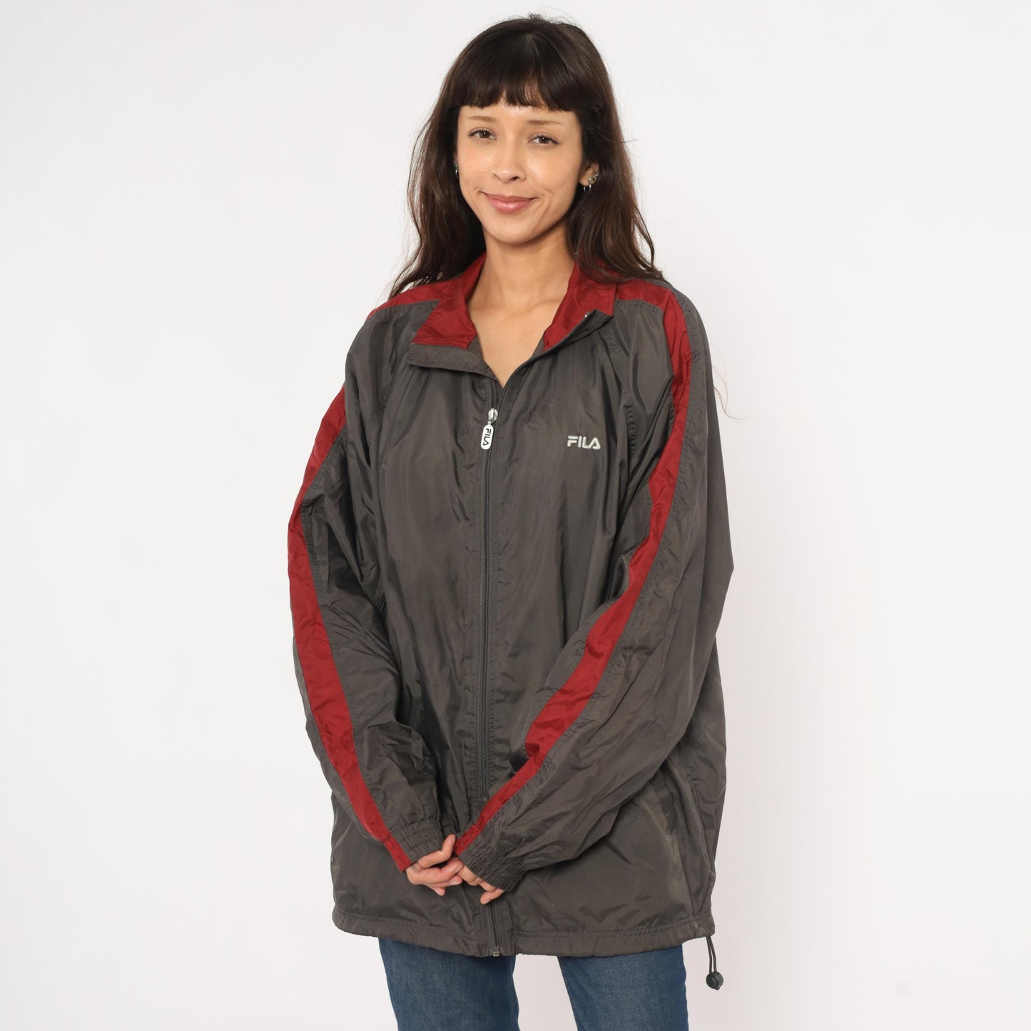 Y2K Fila Windbreaker Charcoal Grey Burgundy Colorblock Track Jacket Large L