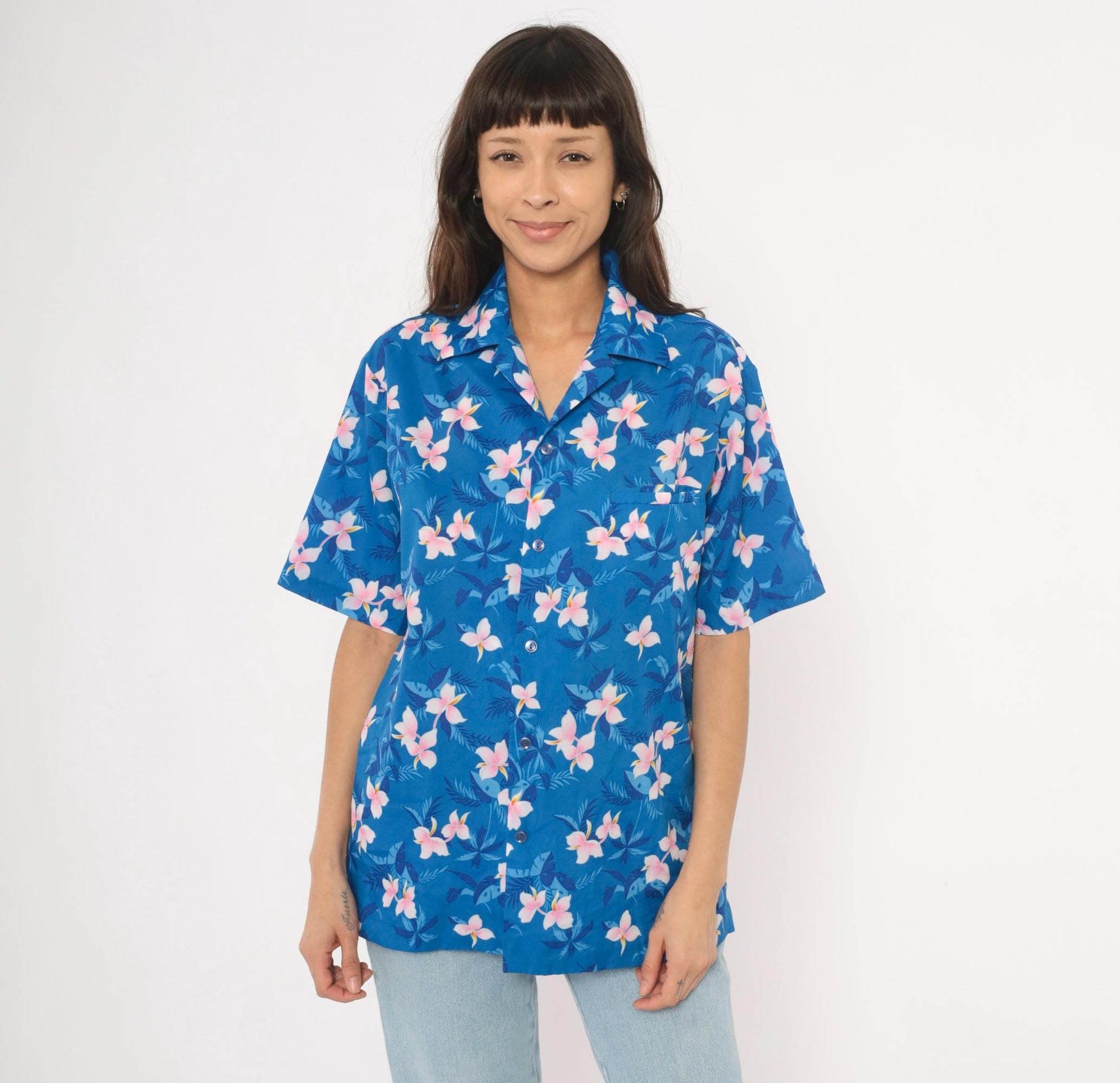 90s Hilo Hatties Hawaiian Shirt Blue Plumeria Floral Camp Collar Medium M