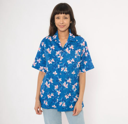 90s Hilo Hatties Hawaiian Shirt Blue Plumeria Floral Camp Collar Medium M