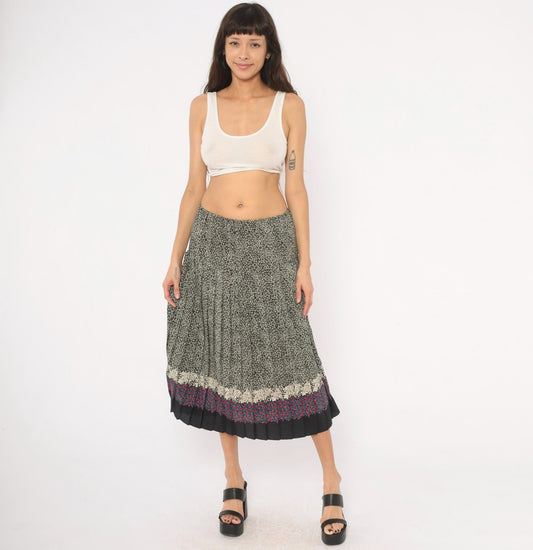 80s Floral Border Midi Skirt Black Cream Rose Pink Teal Pleated Medium Large