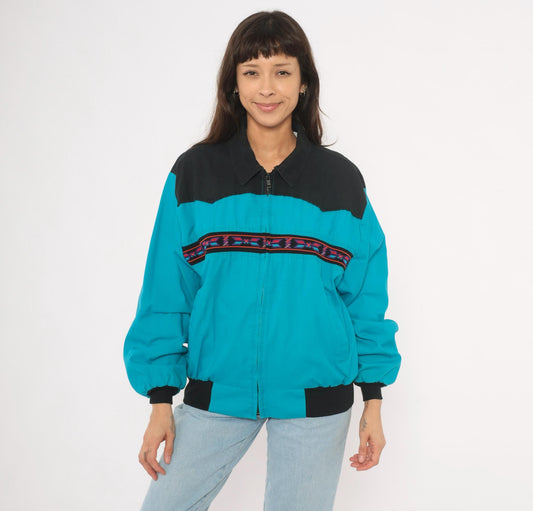 90s Santa Fe Trail Southwestern Bomber Jacket Teal Black Western Yoke Medium