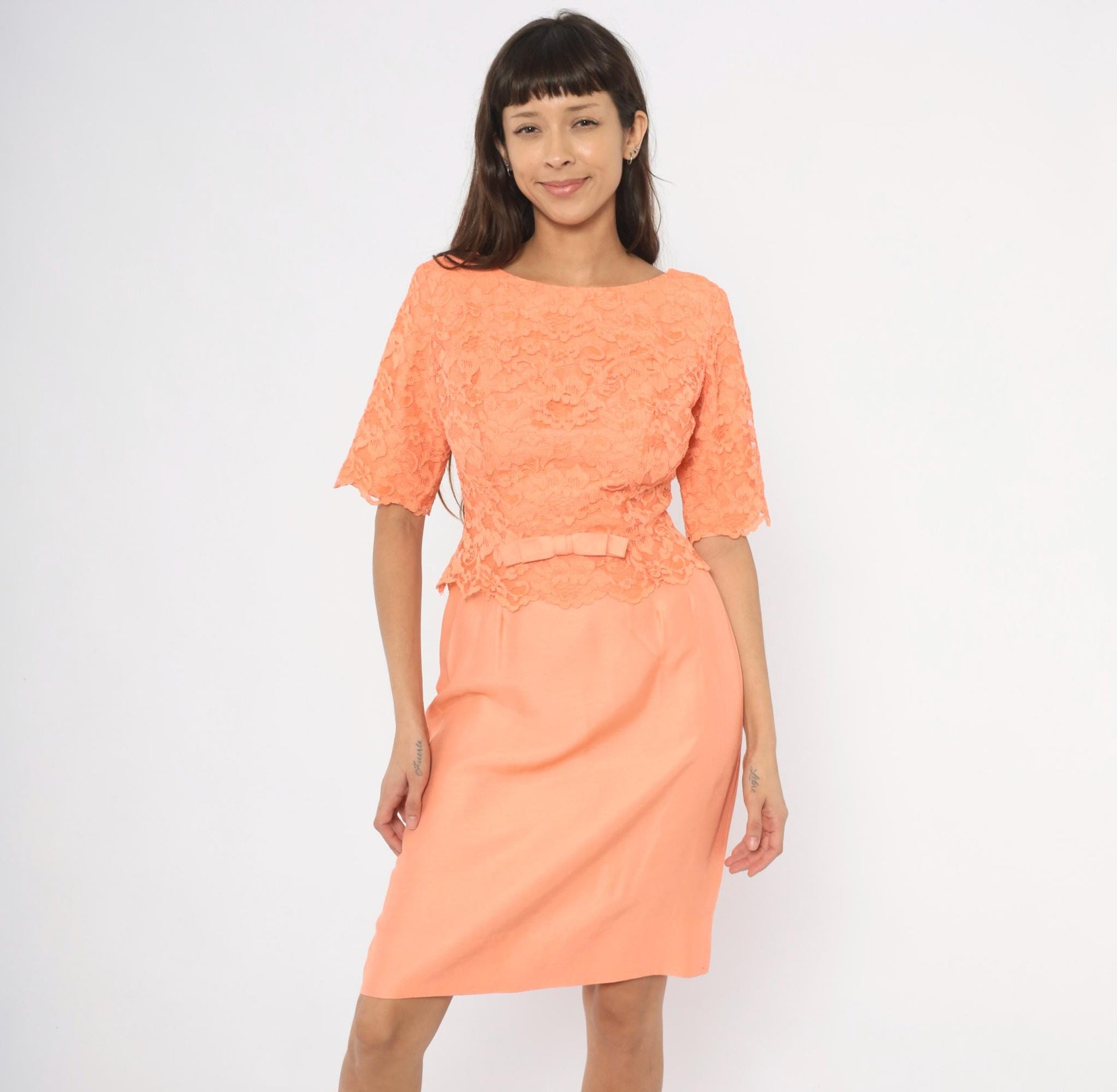 60s Sylvia Ann Peach Lace Peplum Dress Scalloped Half Sleeve Medium