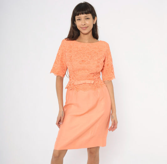 60s Sylvia Ann Peach Lace Peplum Dress Scalloped Half Sleeve Medium