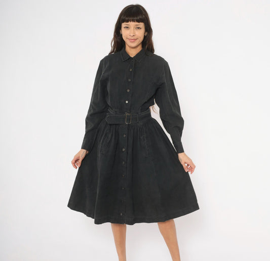 90s Gitano Black Denim Shirtdress Belted A-Line Gathered Skirt Medium M