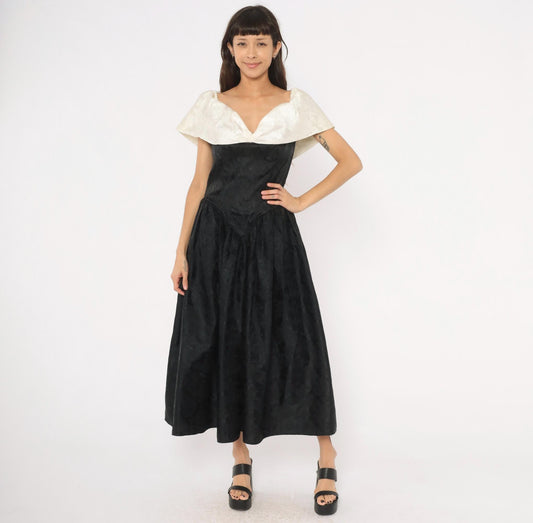 90s Black Ivory Jacquard Off-Shoulder Evening Gown Basque Waist Large L