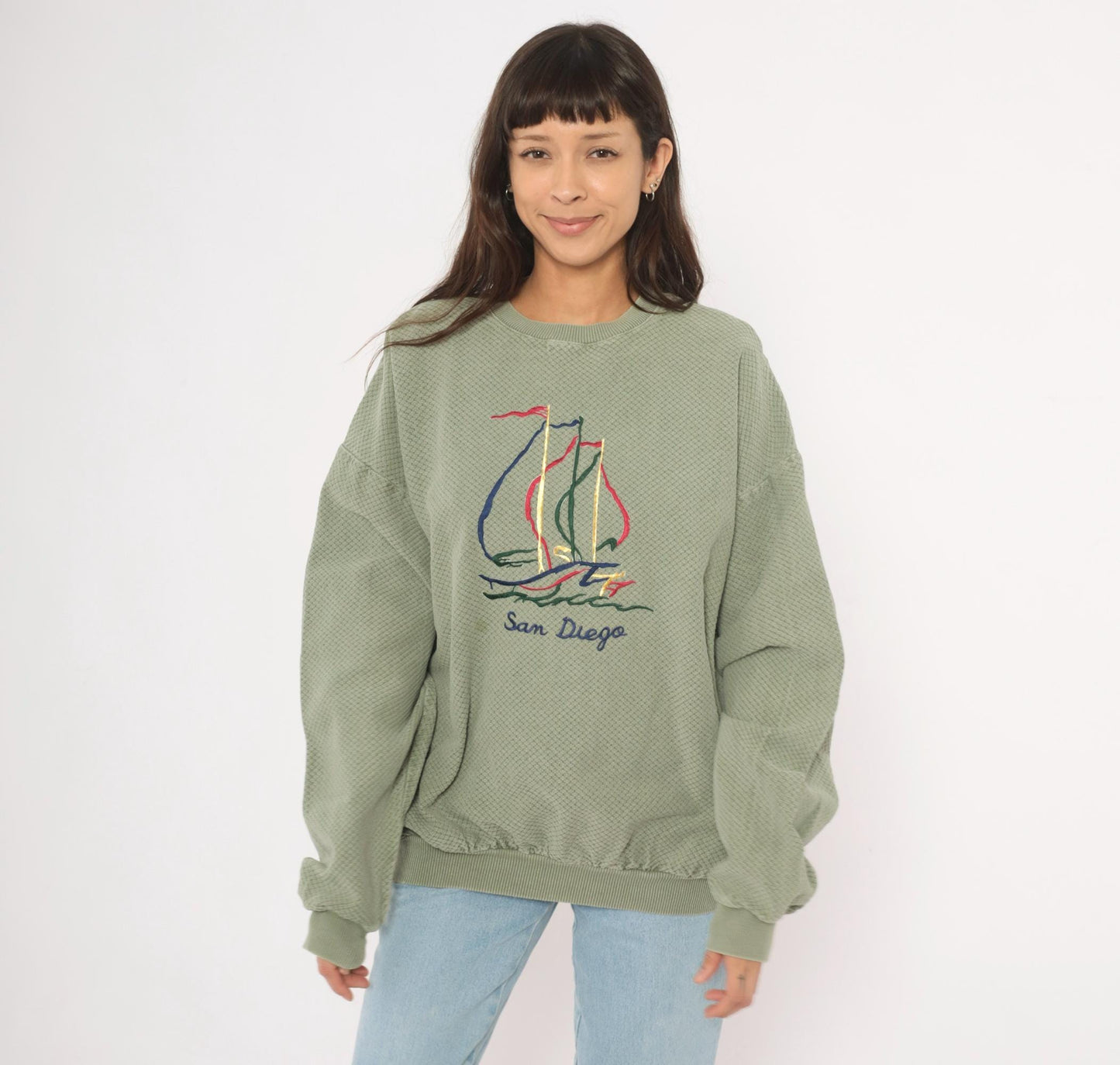 90s San Diego Sailboat Embroidered Waffle Knit Sweatshirt Olive Large L
