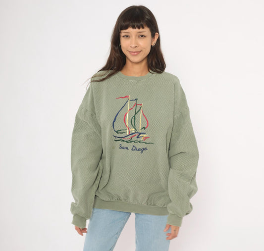 90s San Diego Sailboat Embroidered Waffle Knit Sweatshirt Olive Large L