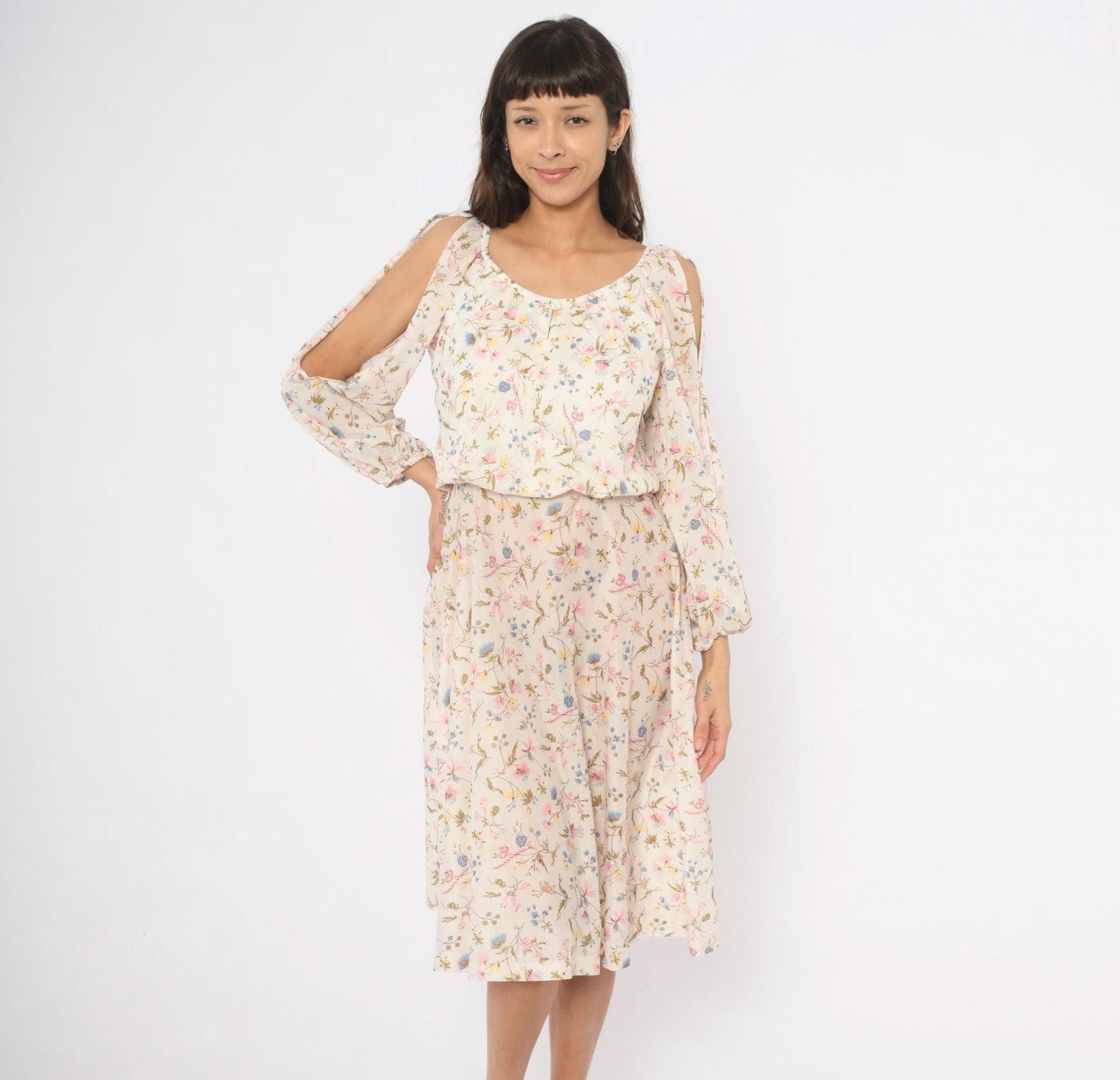 70s Wildflower Midi Dress Cream Floral Cold Shoulder Split Sleeve Medium