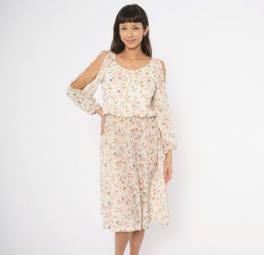 70s Wildflower Midi Dress Cream Floral Cold Shoulder Split Sleeve Medium
