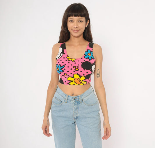 90s Mickey & Co Crop Tank Top Pink Floral Polka Dot Small S