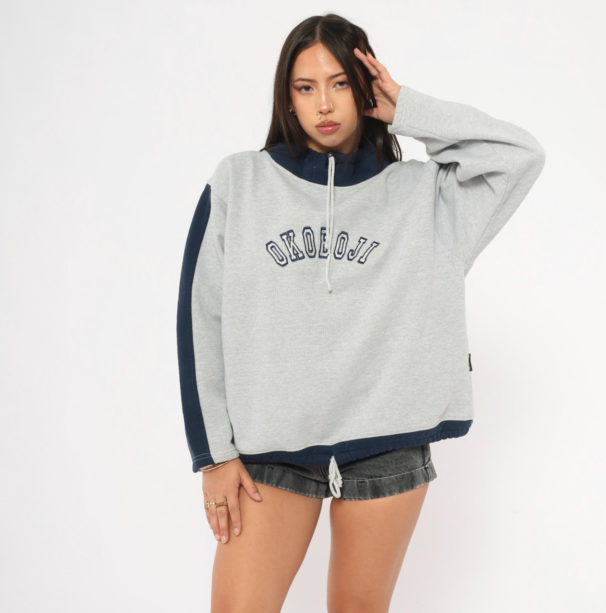 90s Renegade Club Okoboji Colorblock Sweatshirt Grey Navy Funnel Neck Large L