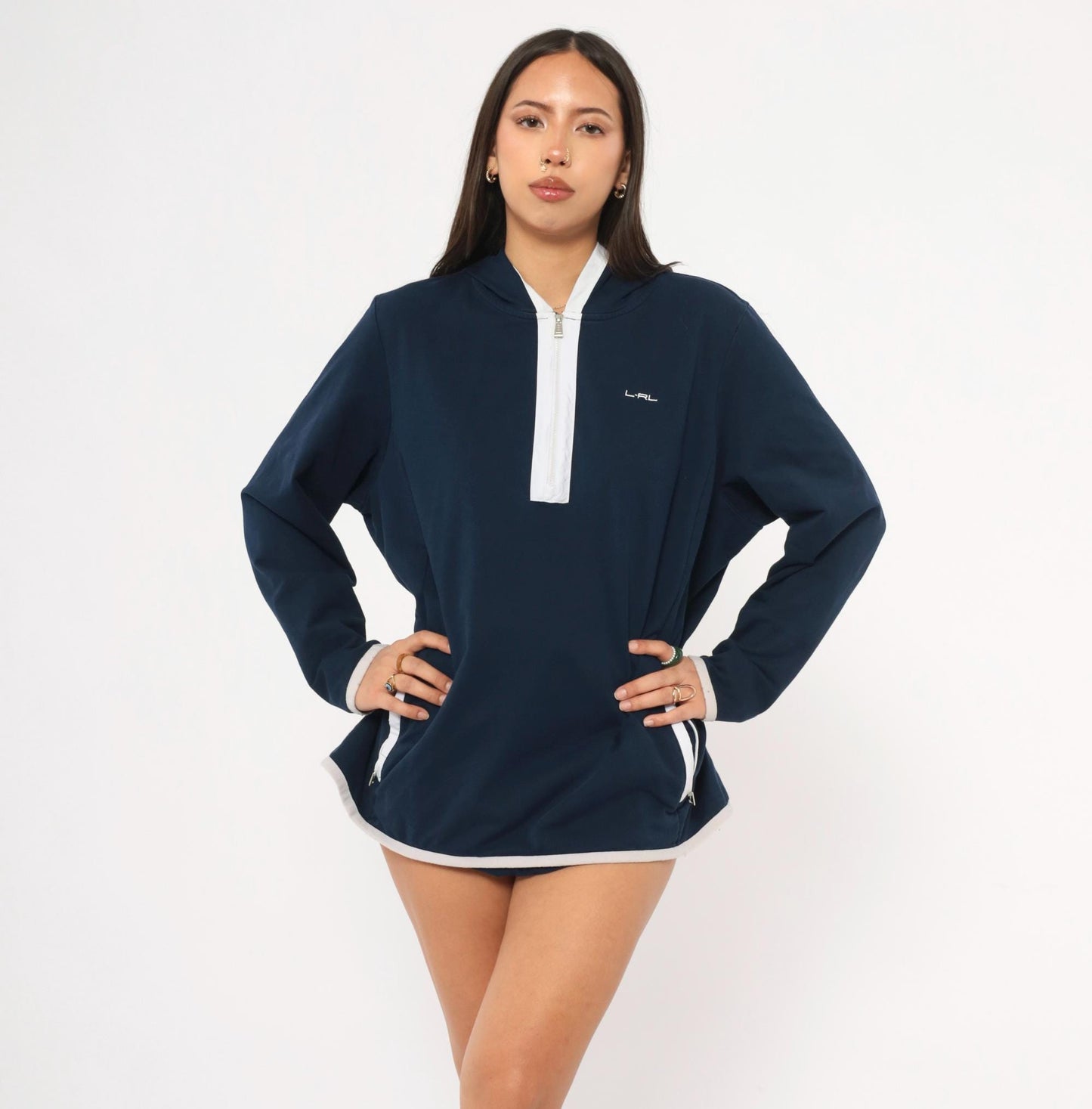 Y2K Ralph Lauren Active Half Zip Hoodie Navy Cotton Plus Size XXL