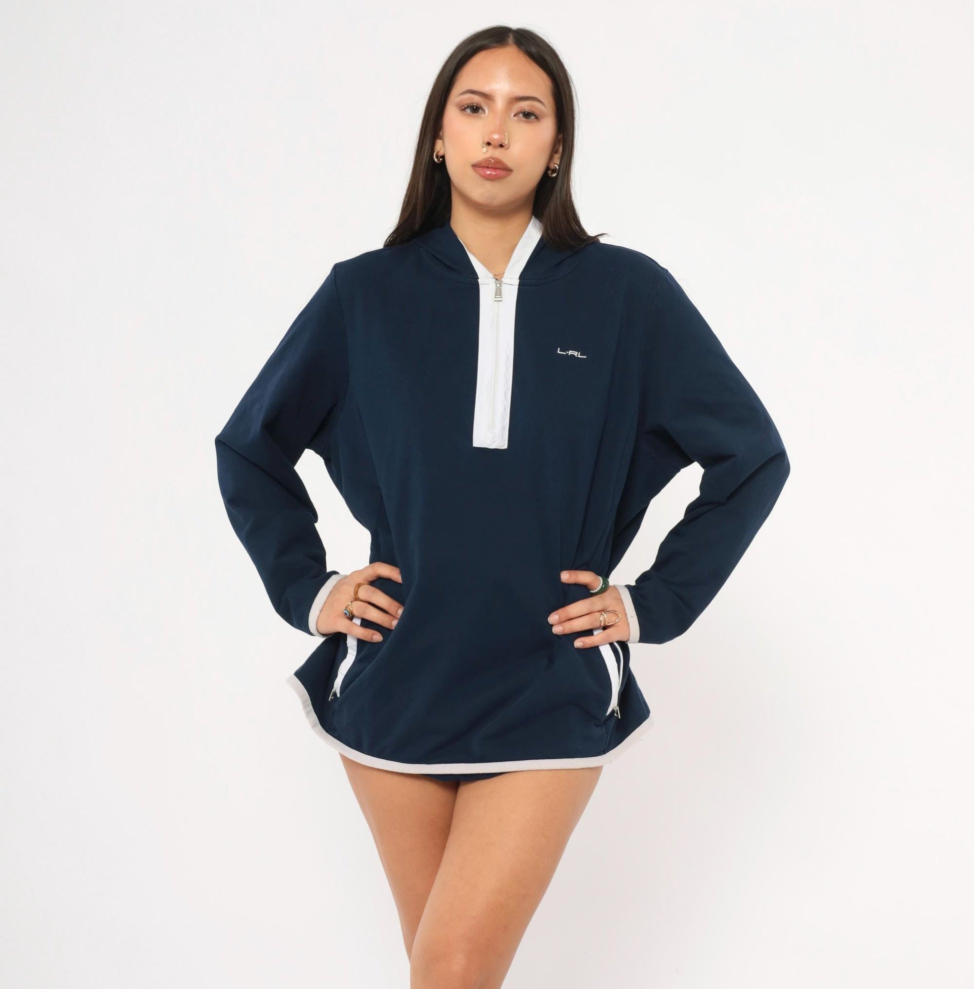 Y2K Ralph Lauren Active Half Zip Hoodie Navy Cotton Plus Size XXL