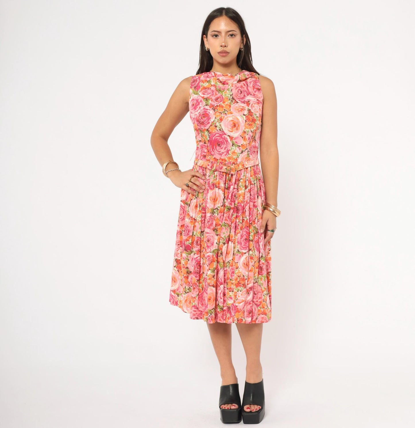 60s Kleinerts Rose Print Dress Pink Coral Floral Sleeveless Cotton Small
