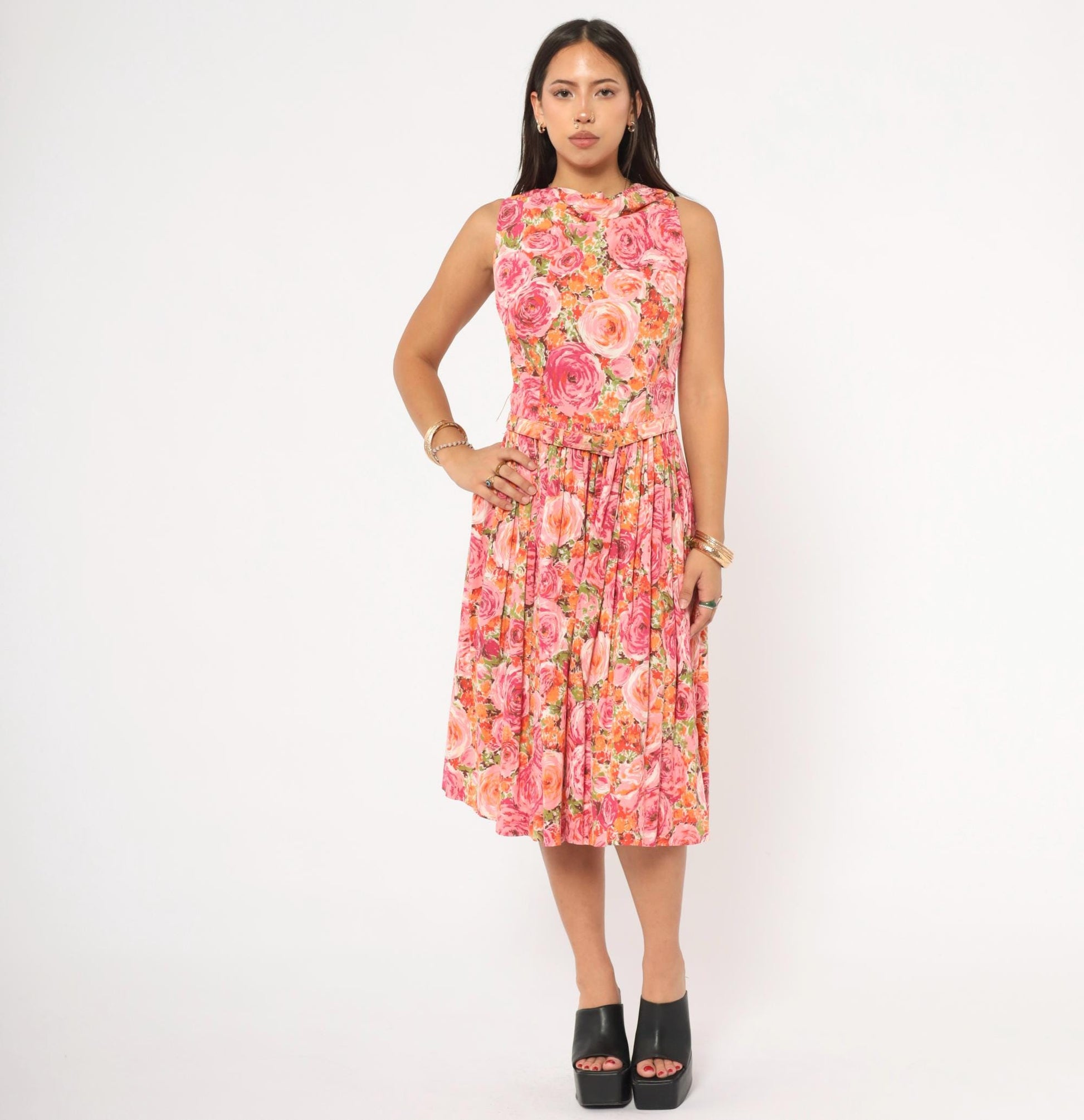 60s Kleinerts Rose Print Dress Pink Coral Floral Sleeveless Cotton Small