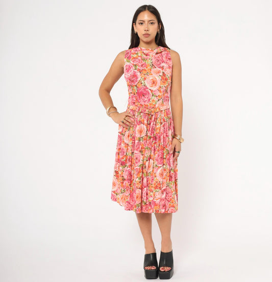 60s Kleinerts Rose Print Dress Pink Coral Floral Sleeveless Cotton Small