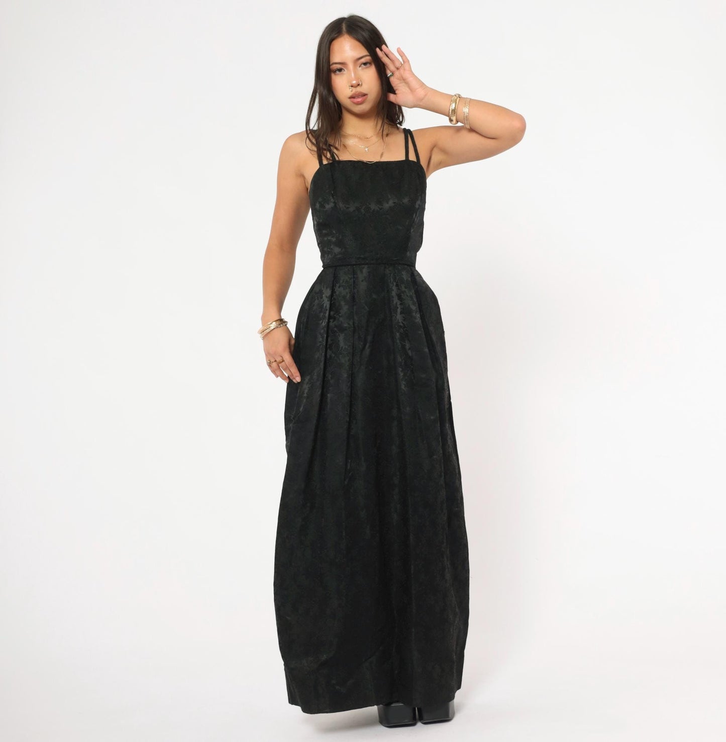 90s Black Jacquard Maxi Gown Double Strap Floral Brocade Floor Length Extra Small XS