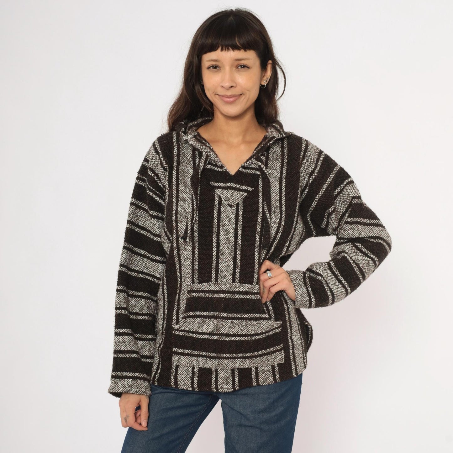 90s Sandy Baja Hoodie Brown White Striped Woven Pullover Medium