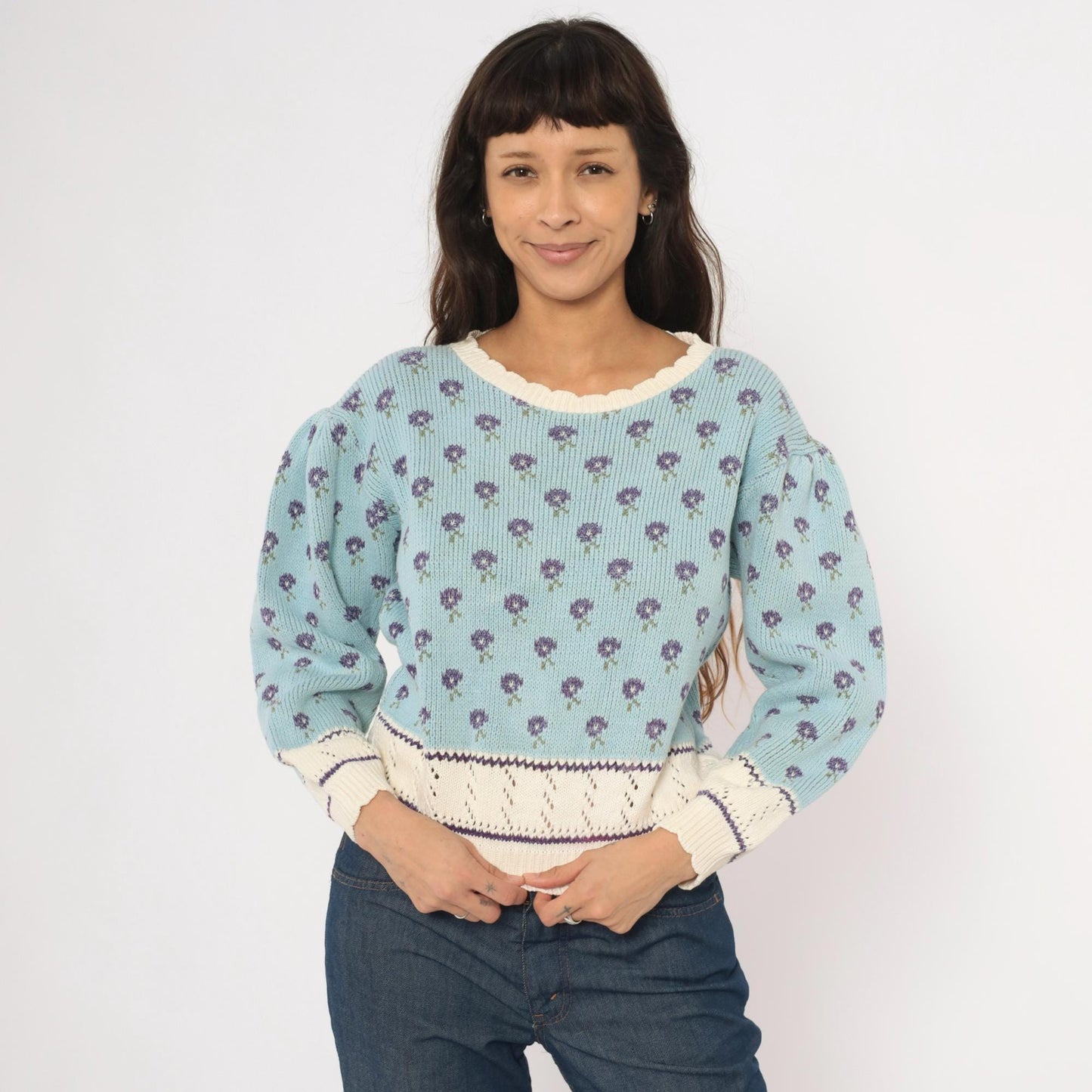 80s Light Blue Floral Knit Sweater Puff Sleeve Pointelle Trim Cotton Medium
