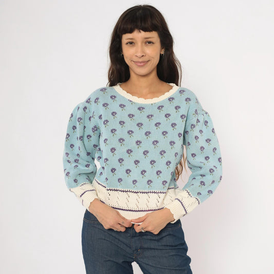 80s Light Blue Floral Knit Sweater Puff Sleeve Pointelle Trim Cotton Medium