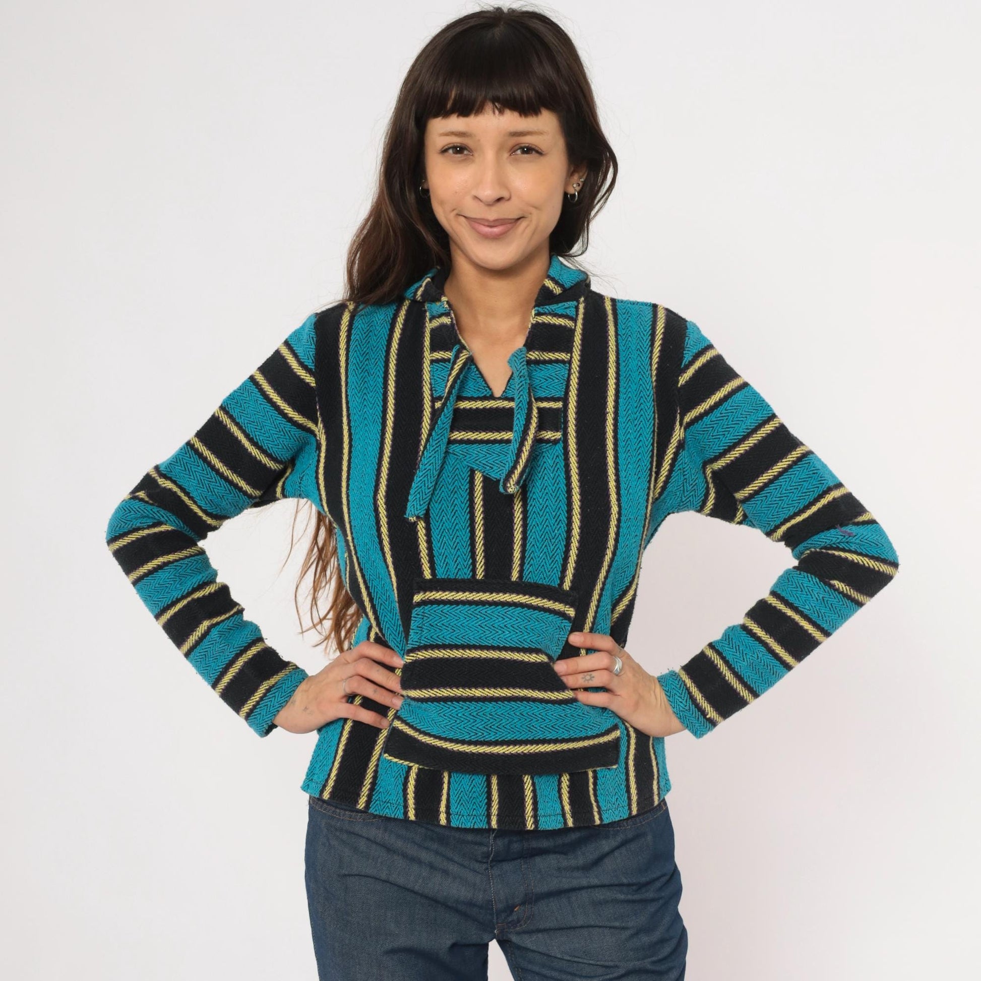 2000s Señor Lopez Baja Hoodie Teal Black Gold Striped Pullover Extra Small XS