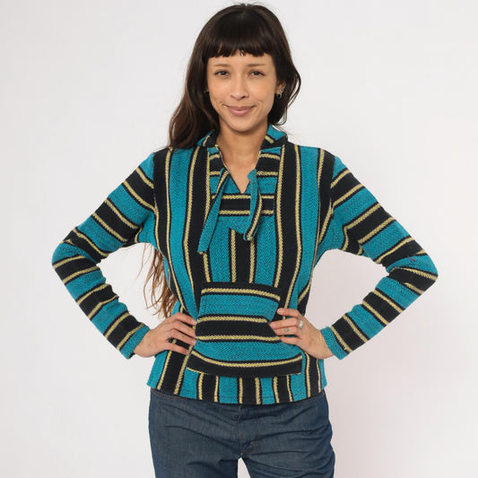2000s Señor Lopez Baja Hoodie Teal Black Gold Striped Pullover Extra Small XS