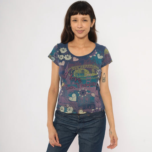 Y2K San Francisco Graphic Tee Vintage Suzie Floral Heart Studded Navy Purple Petite Medium