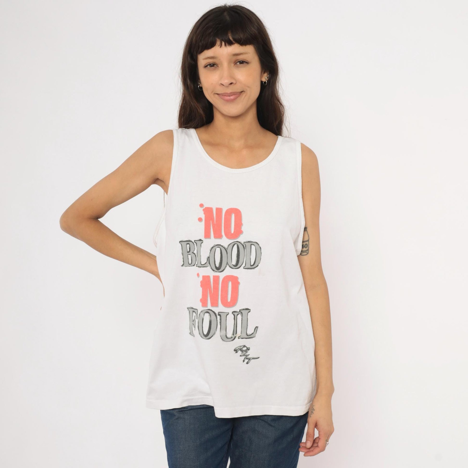 90s TNT No Blood No Foul Basketball Graphic Tank Top White Cotton Large L