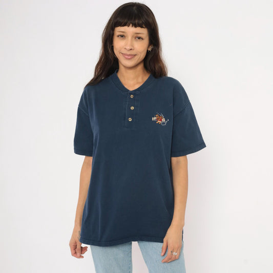 90s Powersport by Oneita Navy Henley Embroidered Bulldog Golf Graphic Large L