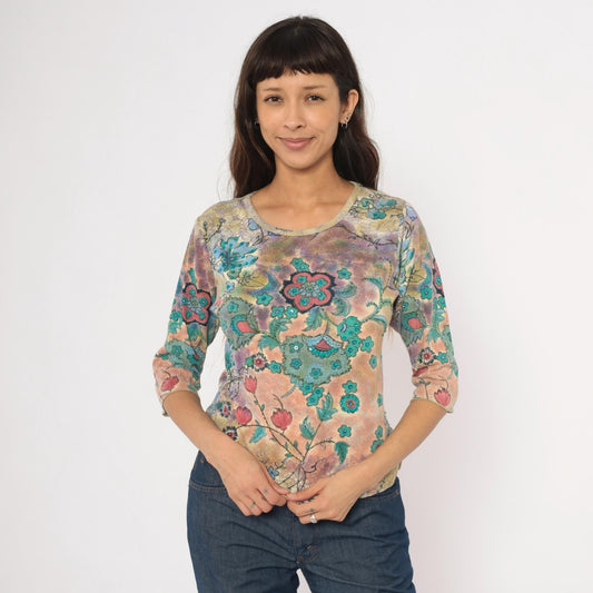 Y2K Watercolor Floral Sequin Top Three Quarter Sleeve Teal Rose Lavender Small S