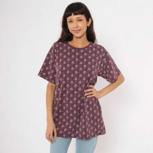 90s Kavio Designs Floral Tee Plum Ditsy Print Cotton Tunic Large L