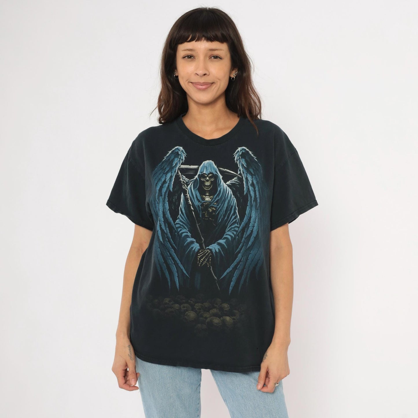 2000s Winged Grim Reaper Graphic Tee Black Cotton Gildan Large L