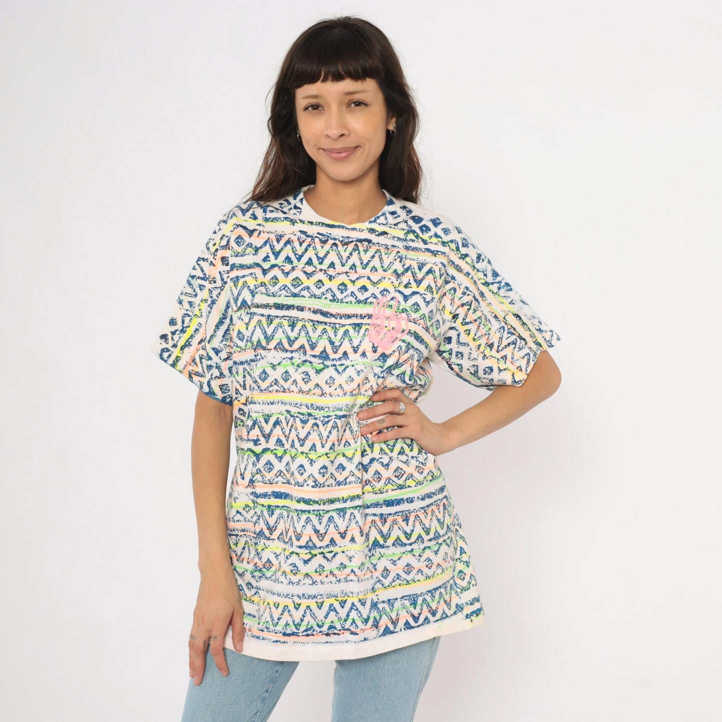 90s Sasson Tribal Print T-Shirt Neon Geometric White Navy Cotton Extra Large XL