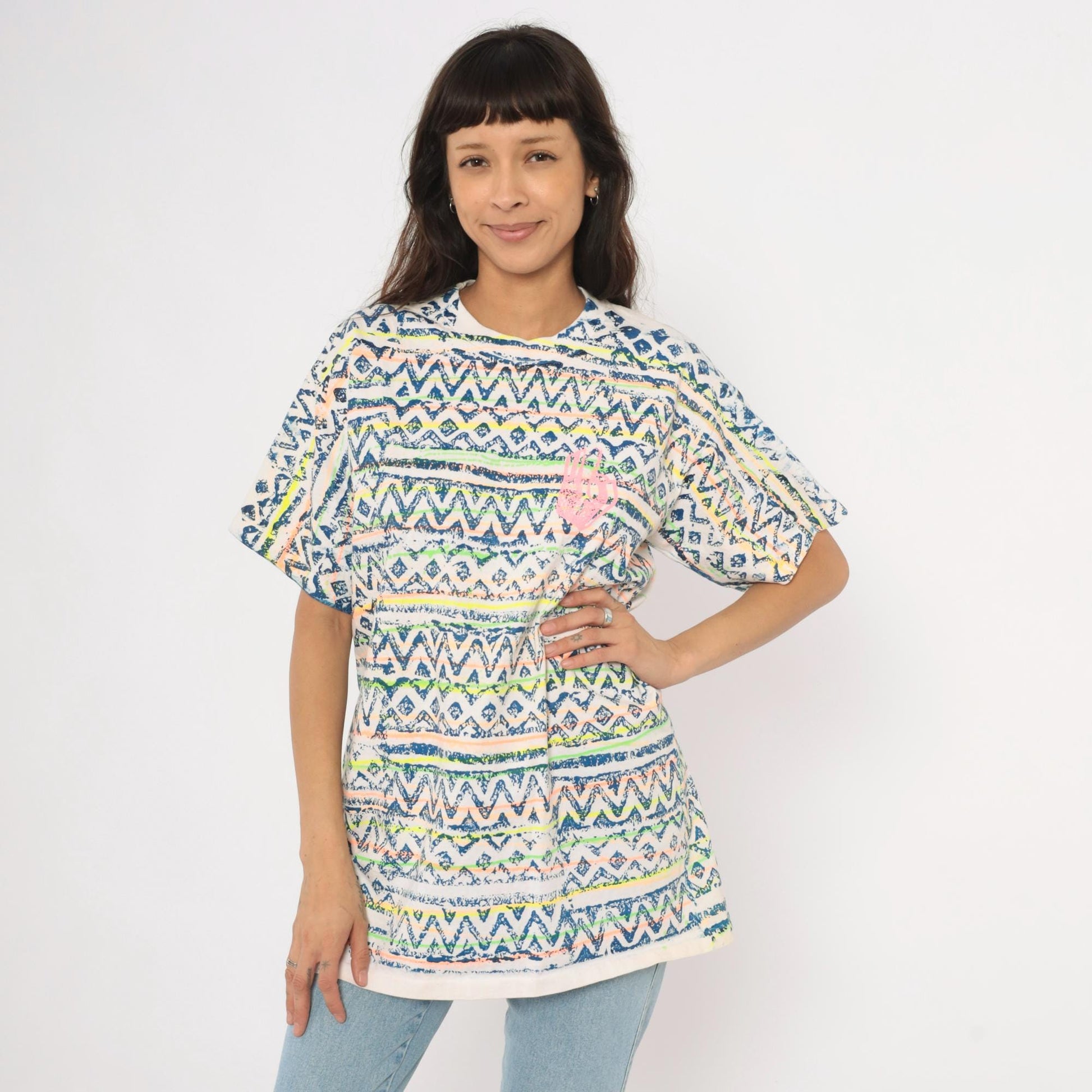 90s Sasson Tribal Print T-Shirt Neon Geometric White Navy Cotton Extra Large XL
