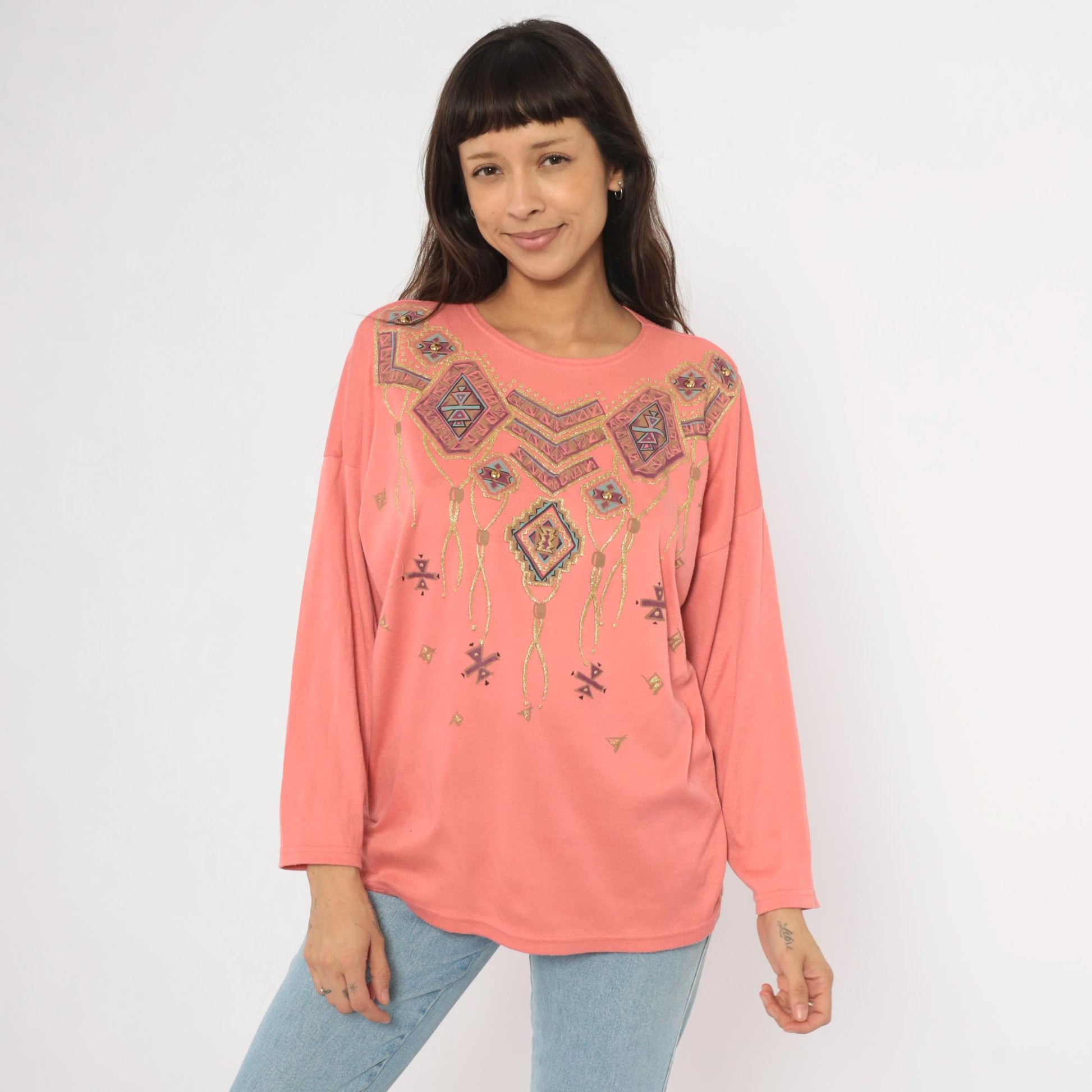 90s Sassy Sport Southwestern Crewneck Coral Pink Beaded Graphic Medium