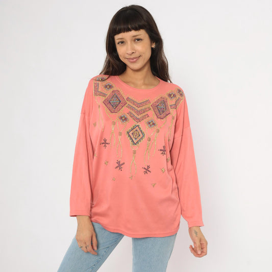 90s Sassy Sport Southwestern Crewneck Coral Pink Beaded Graphic Medium