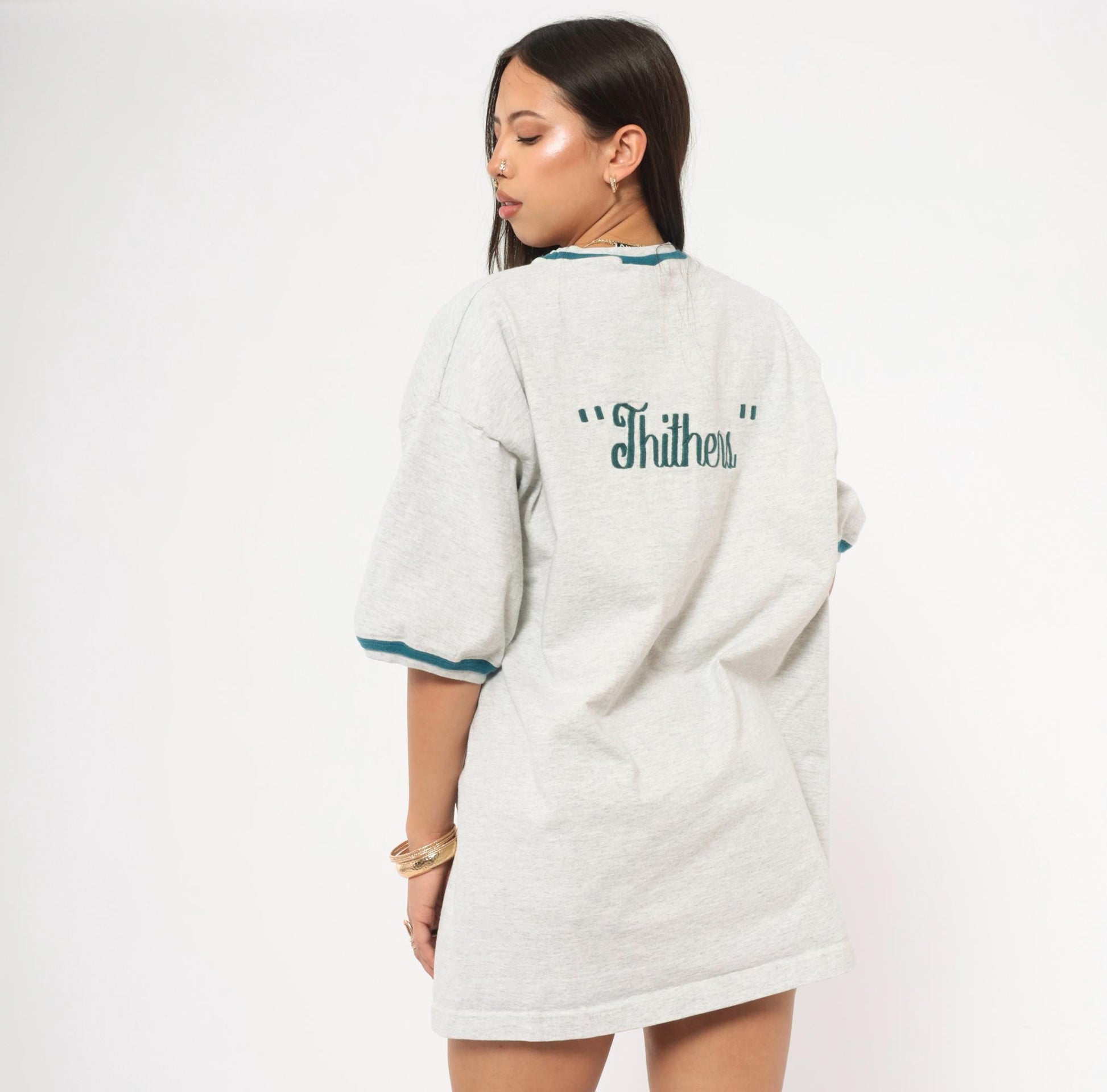 90s Signal Ringer Tee Teal Trim Embroidered Back Grey Cotton XXL