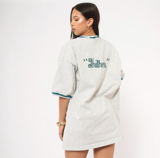 90s Signal Ringer Tee Teal Trim Embroidered Back Grey Cotton XXL