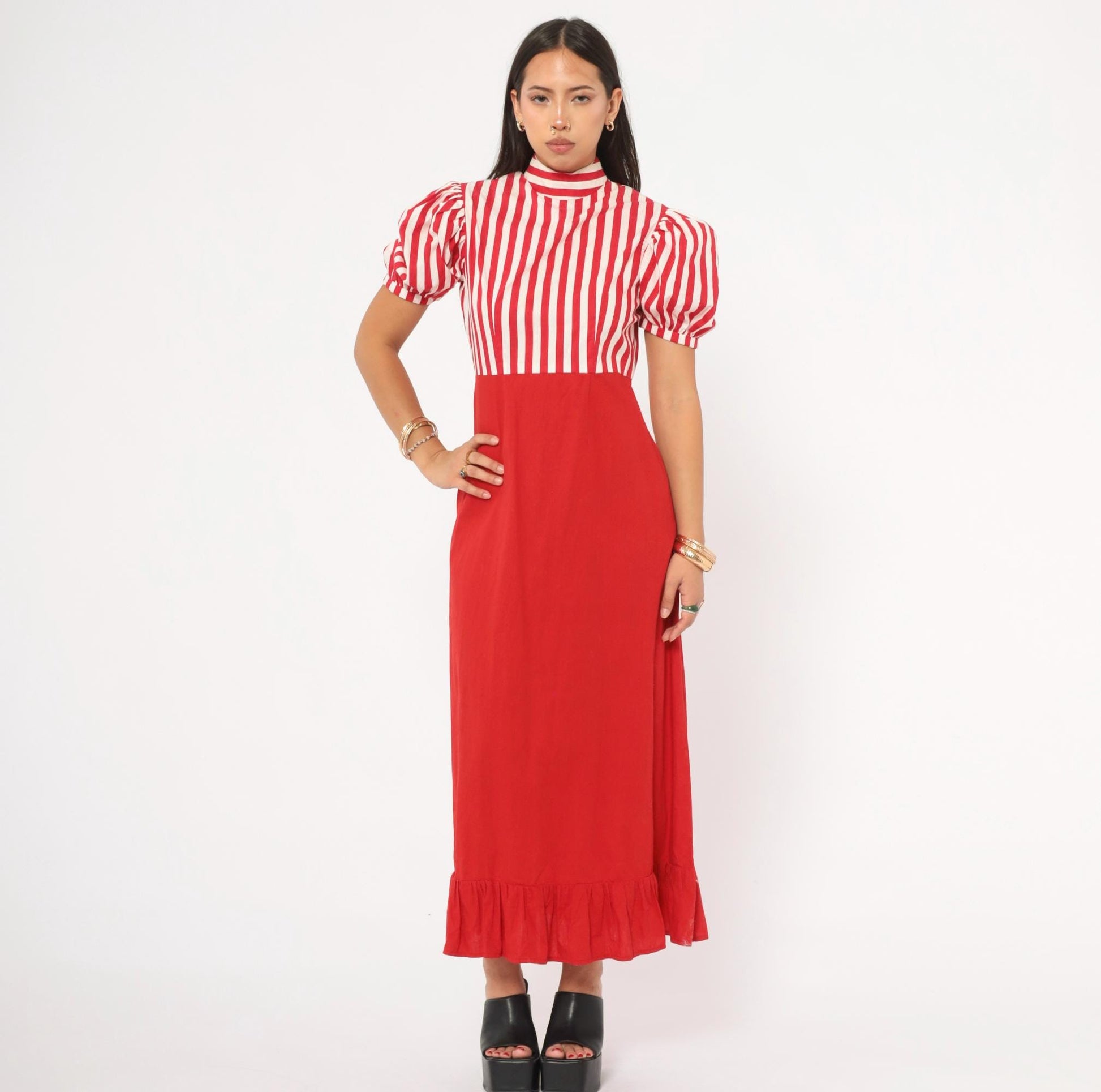 70s Red White Striped Cotton Maxi Dress Puff Sleeve Empire Waist Medium M