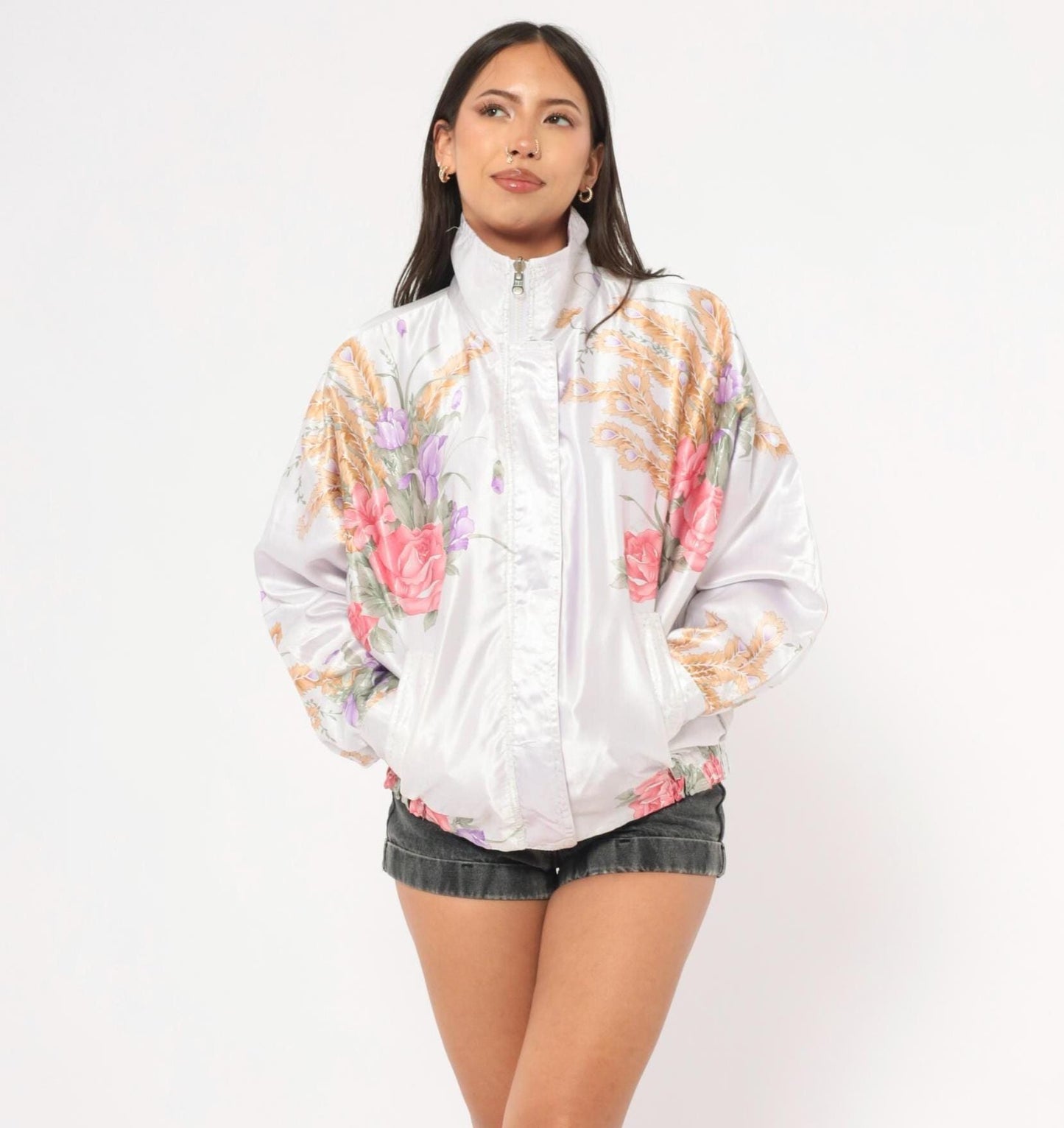90s White Satin Floral Bomber Jacket Pink Purple Gold Roses Irises Medium M