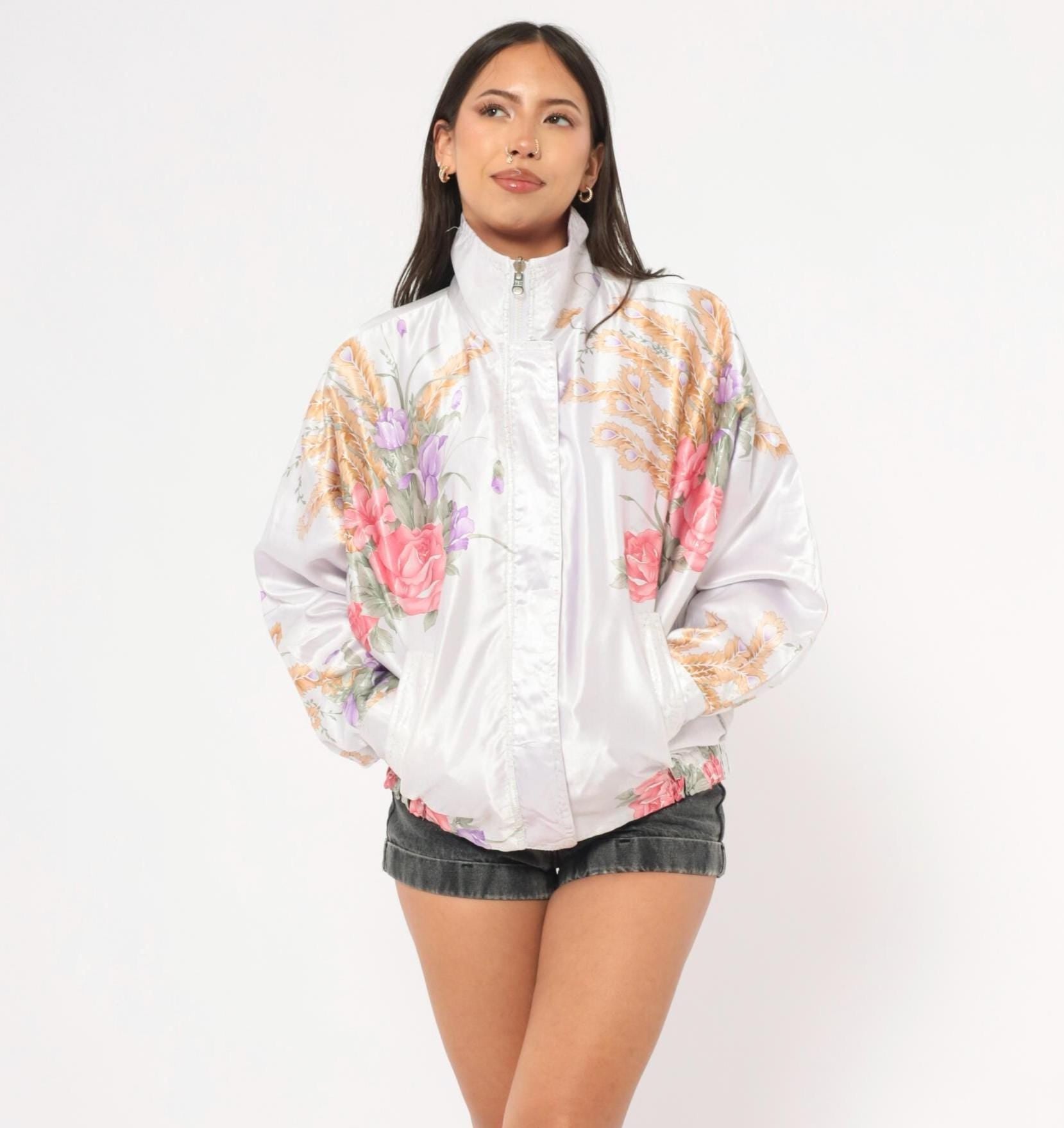90s White Satin Floral Bomber Jacket Pink Purple Gold Roses Irises Medium M